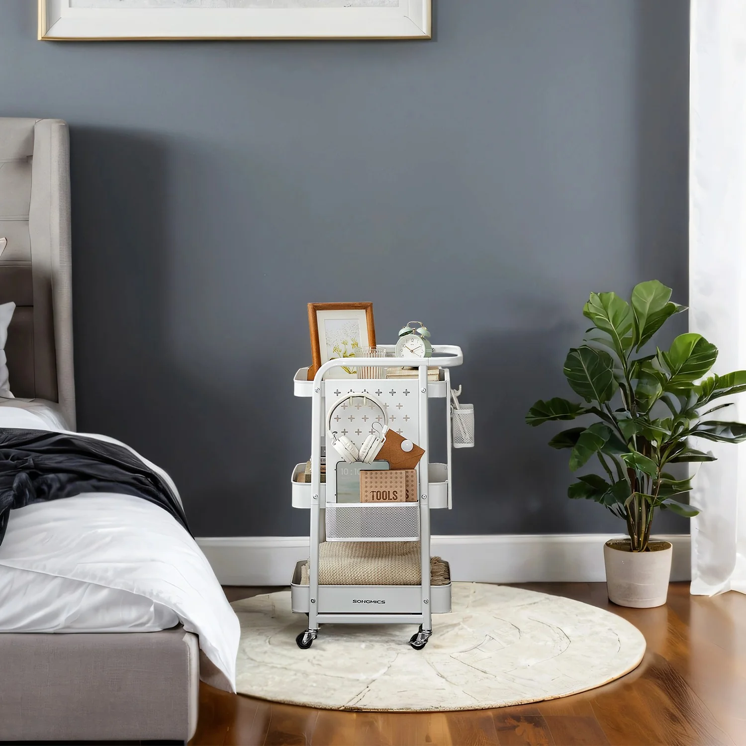 Storage Trolley with 3 Metal Mesh Shelves