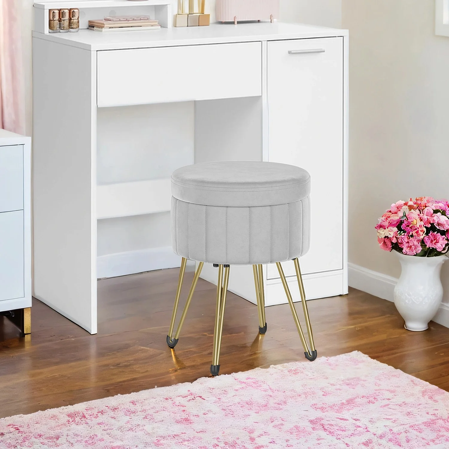 Velvet Round Storage Ottoman with 4 Metal Legs