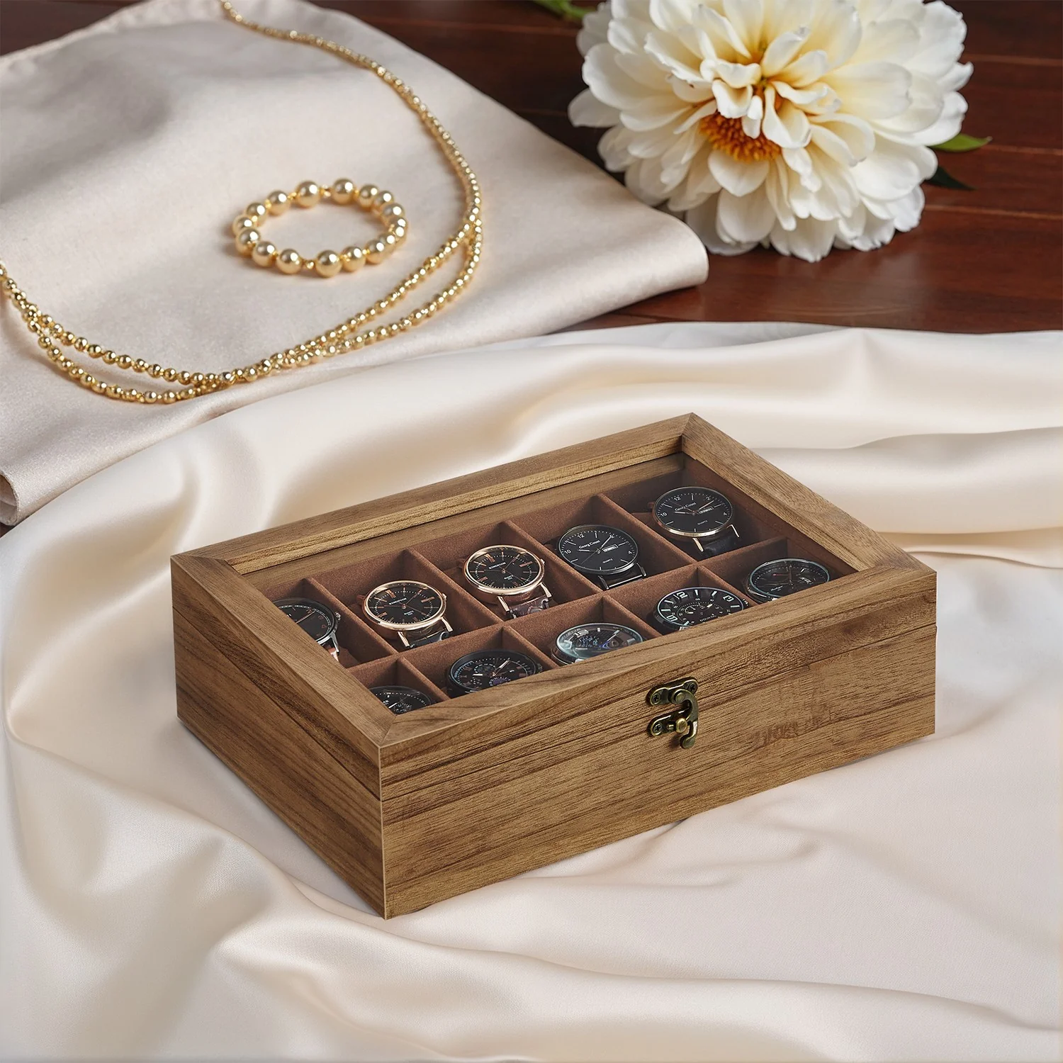 Solid Wood Watch Box Case with 12 Slots, Glass Lid, Gift Idea
