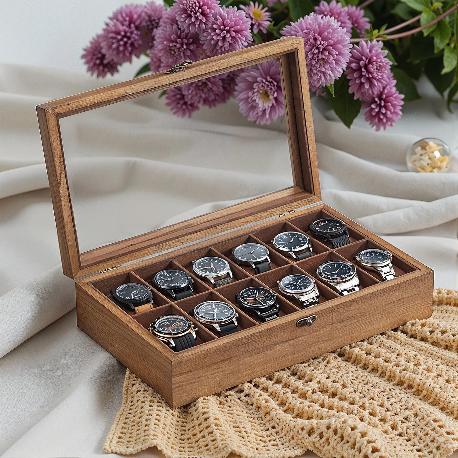 Solid Wood Watch Box Case with 12 Slots, Glass Lid, Gift Idea - Image 2