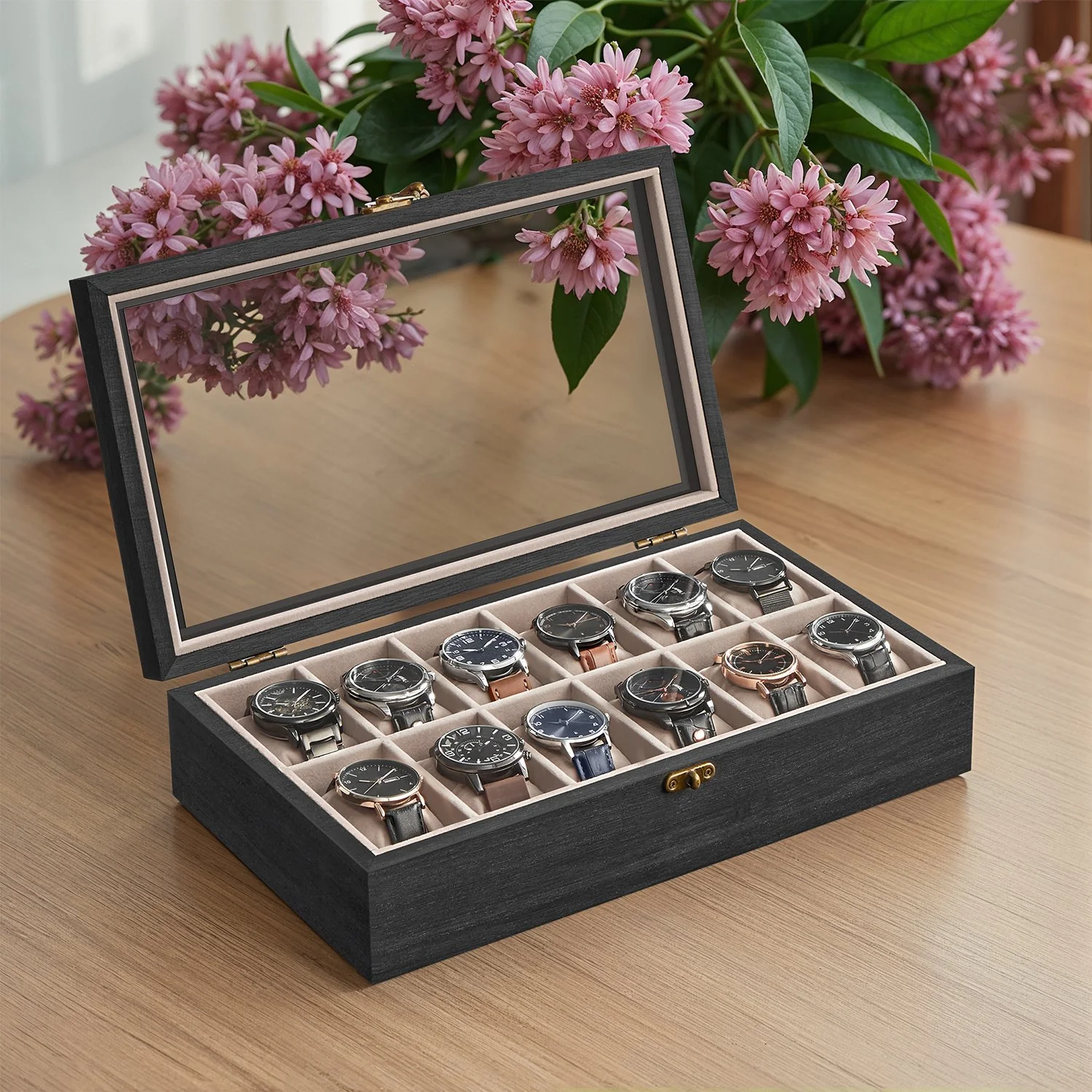 Solid Wood Watch Box Case with 12 Slots, Glass Lid, Gift Idea - Image 3