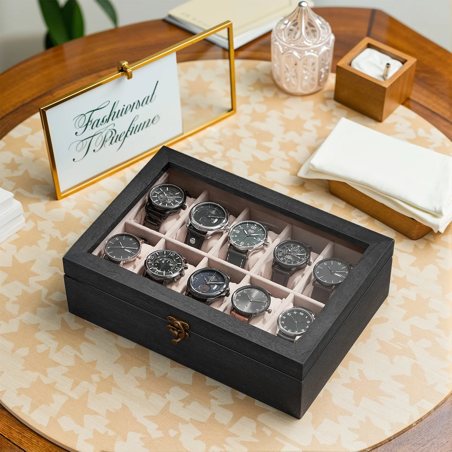 Solid Wood Watch Box Case with 12 Slots, Glass Lid, Gift Idea - Image 4