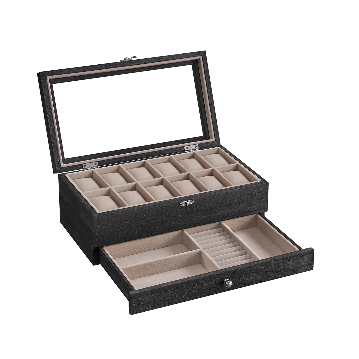 Watch Box with 12 Slots, 2-Tier Wood Watch Case with Large Glass Lid - Image 2