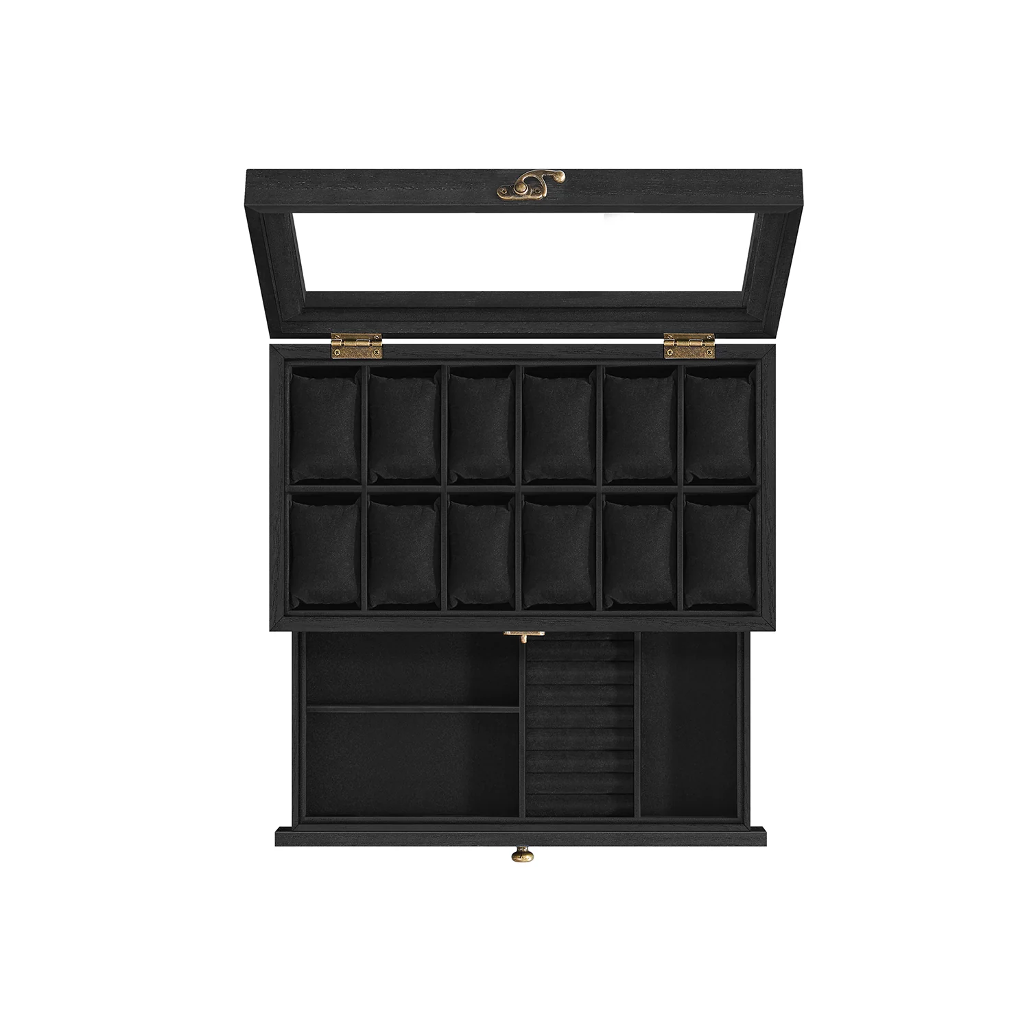 Watch Box with 12 Slots, 2-Tier Wood Watch Case with Large Glass Lid - Image 3