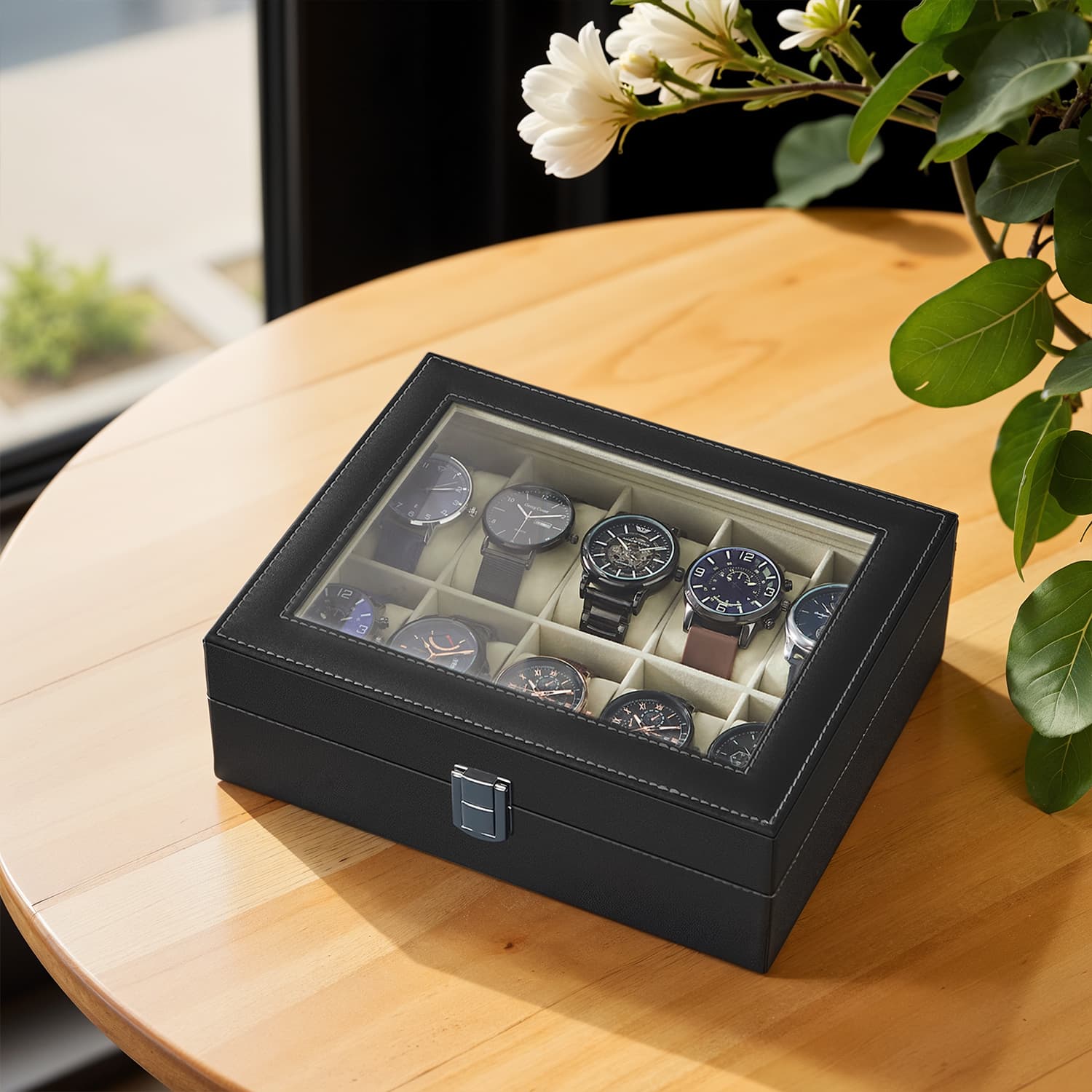 10-Slot Watch Box Organizer with Large Glass Lid, Removable Watch Pillows