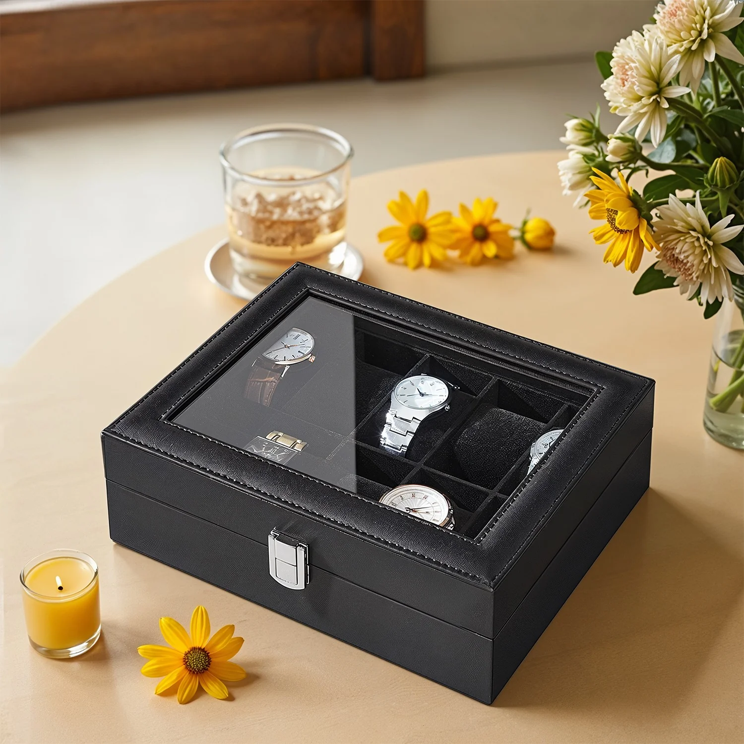 10-Slot Watch Box Organizer with Large Glass Lid, Removable Watch Pillows - Image 2
