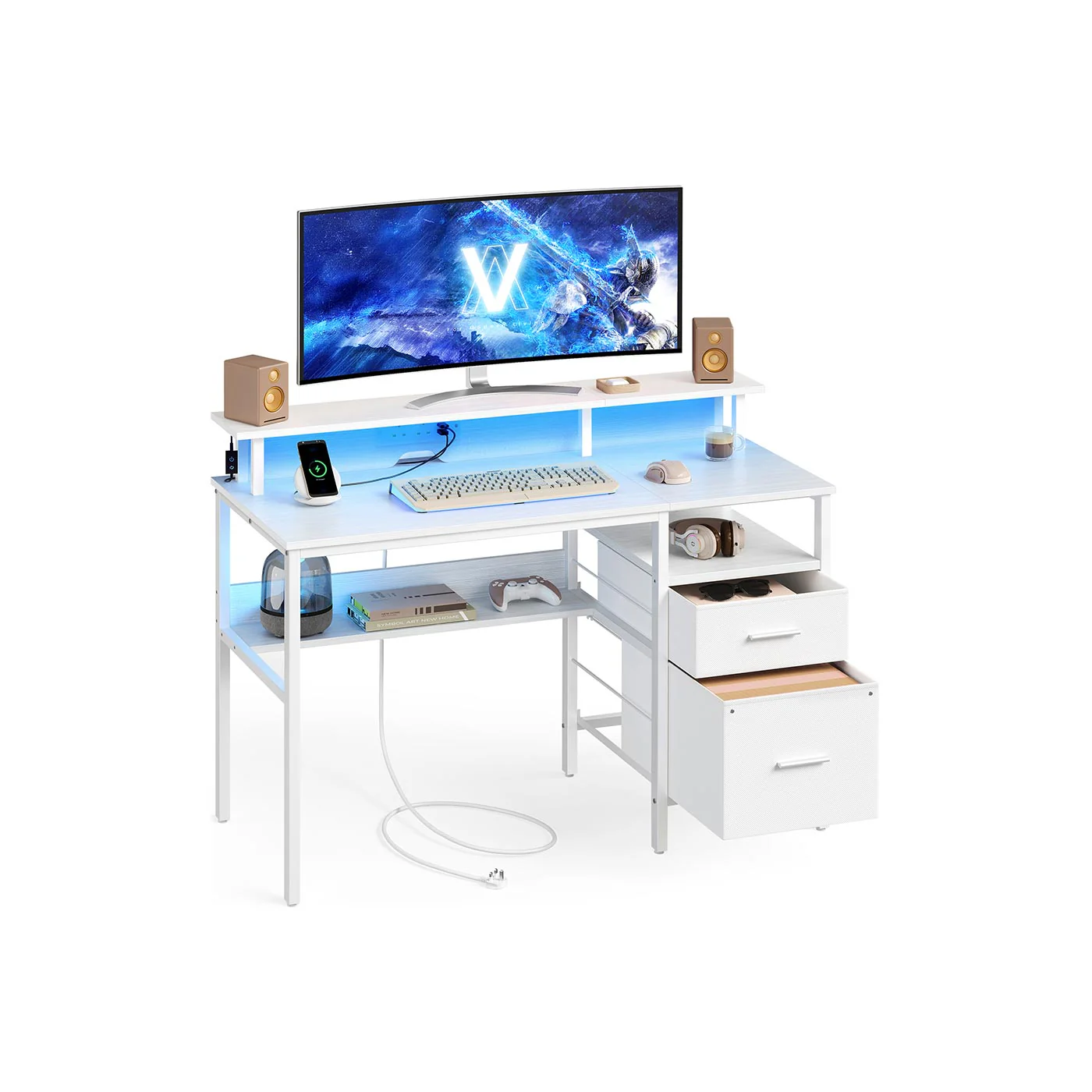 Computer desk with fabric drawers and monitor stand - Image 5