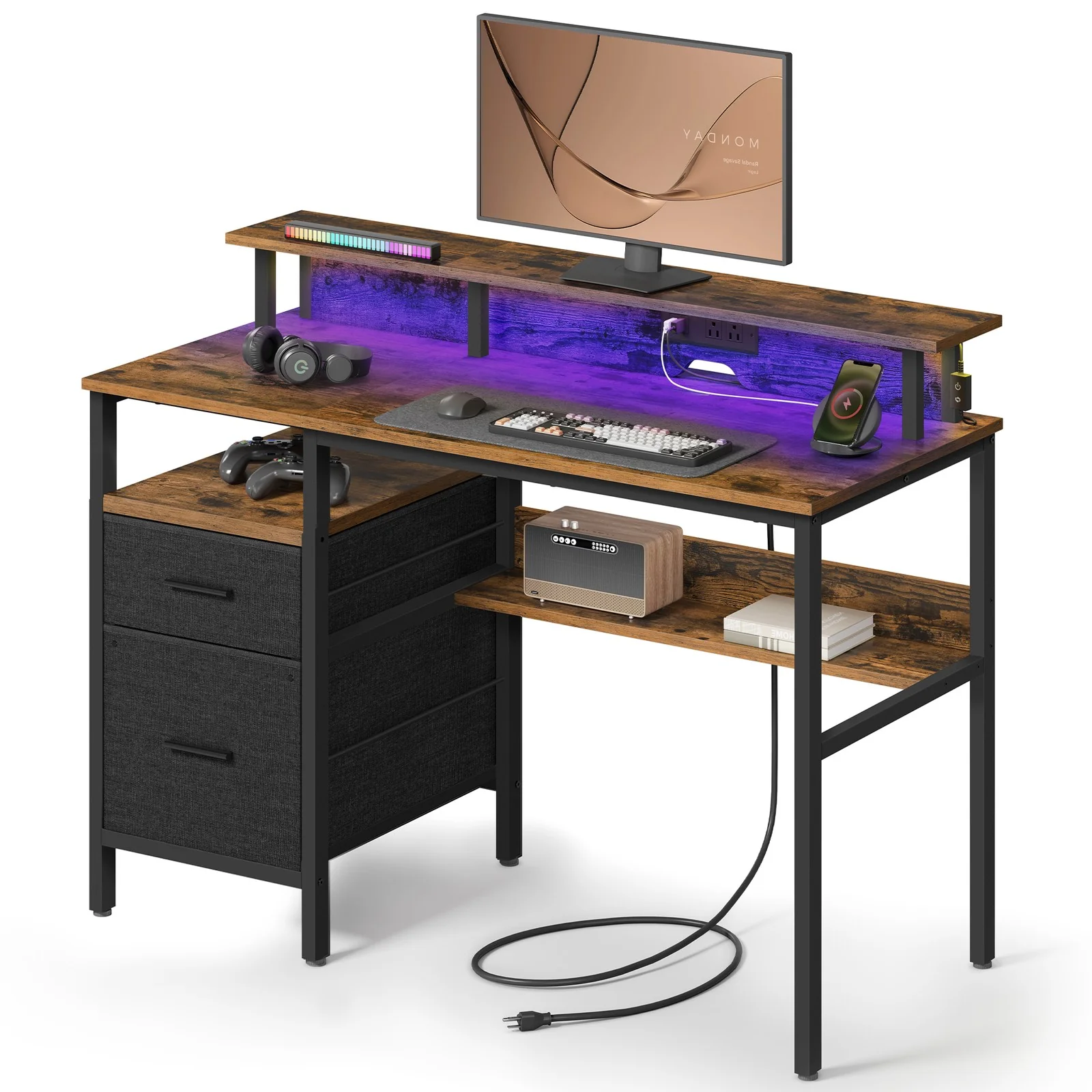 Gaming Desk with LED Lights and Built-In Power Outlets, Computer Desk with Monitor Shelf, Corner Desk - Image 3