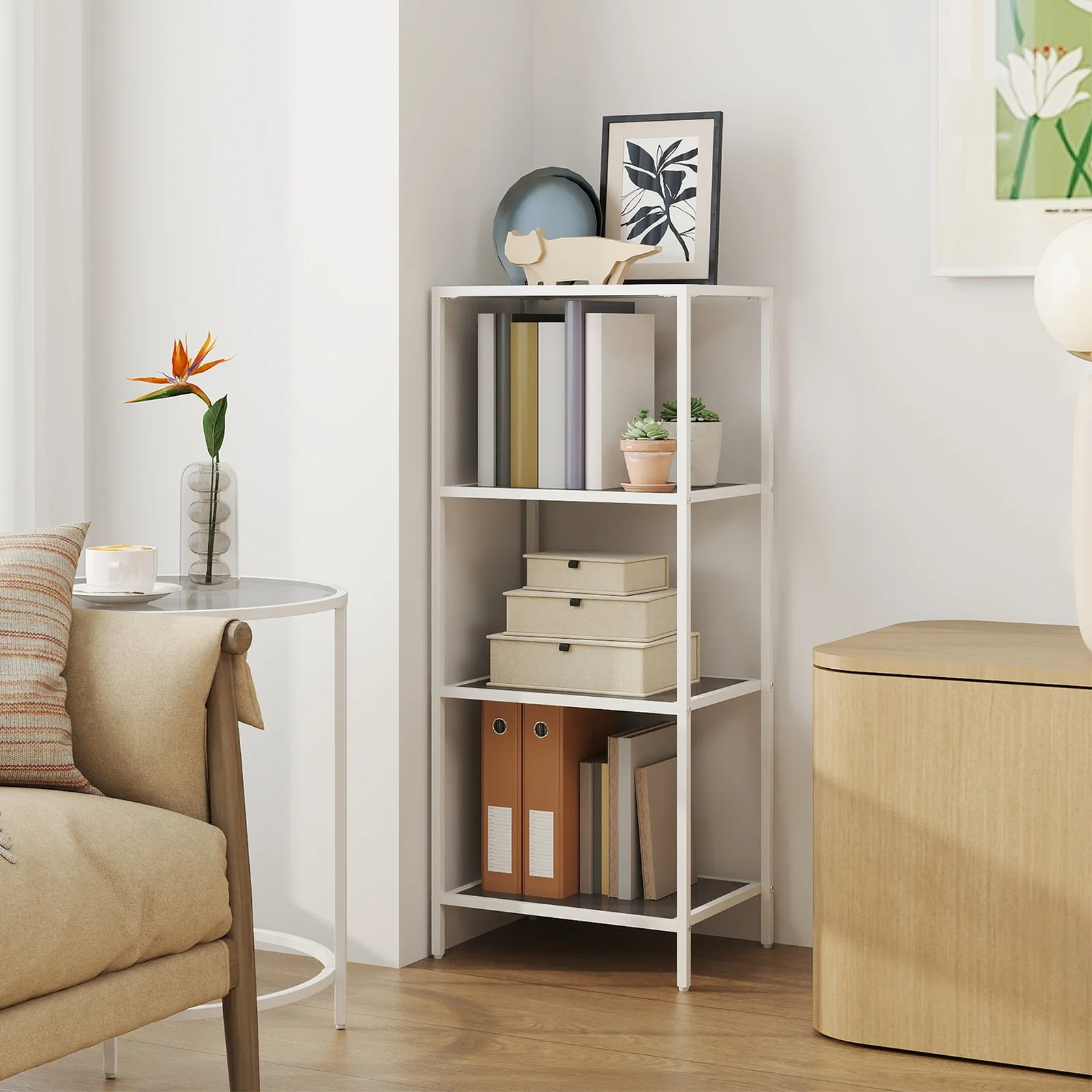 4-Tier Glass Shelf, Pearl White and Slate Grey