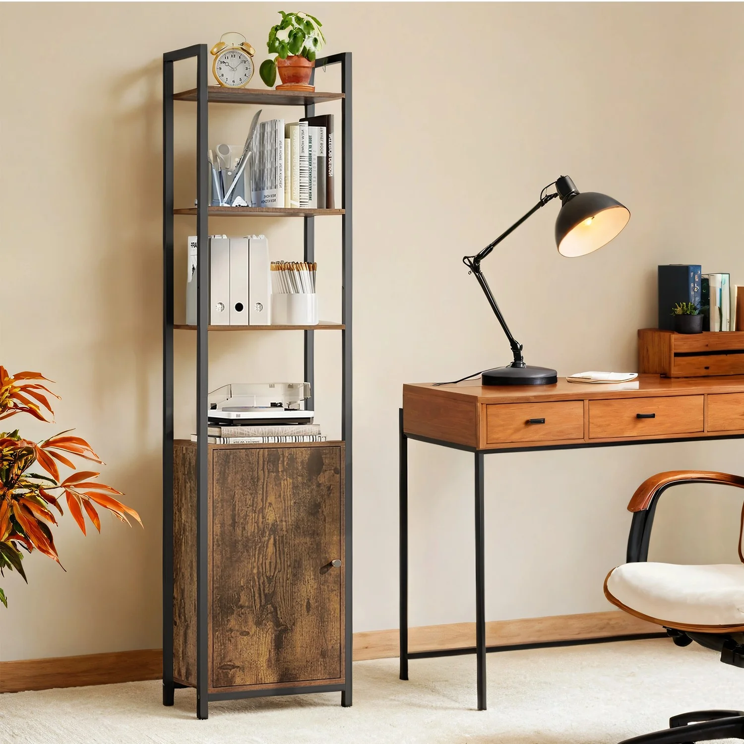 Tall Bookshelf with Door, 6-Tier Bookcase, Metal Frame