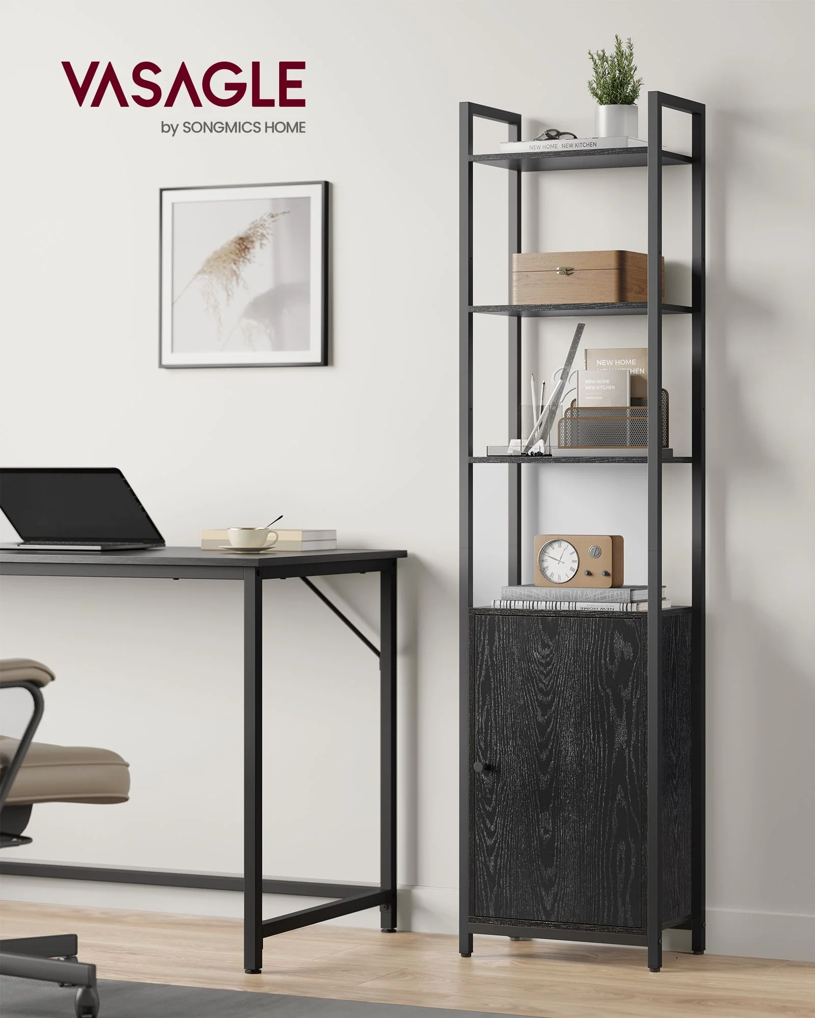 Tall Bookshelf with Door, 6-Tier Bookcase, Metal Frame - Image 2