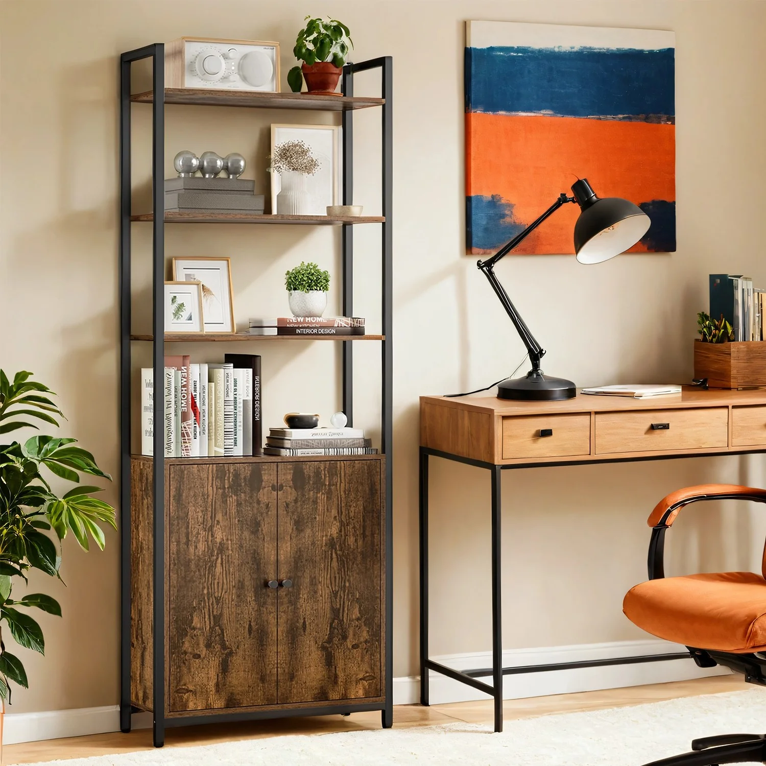 Tall Bookshelf with Door, 6-Tier Bookcase, Metal Frame - Image 3