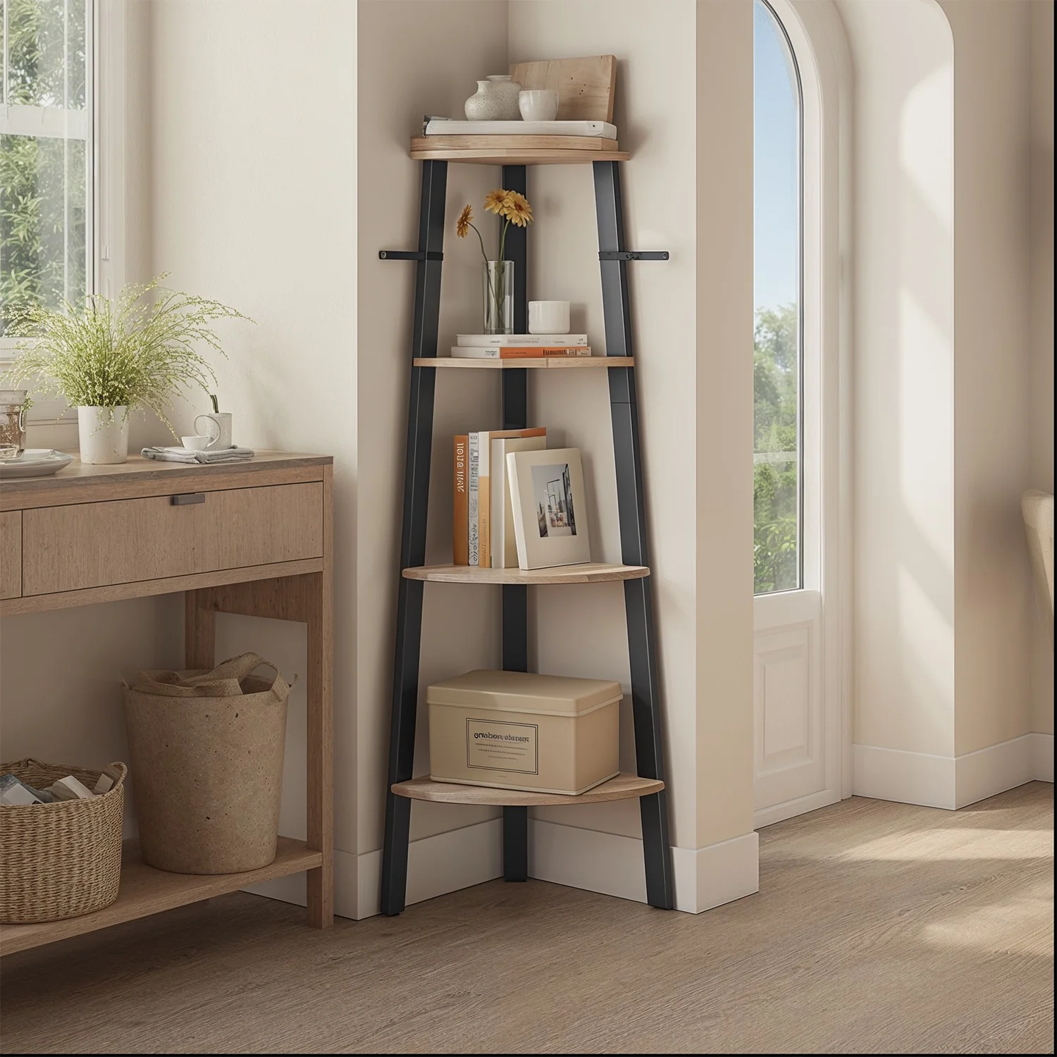 Corner Shelf, 4-Tier Corner Bookshelf, Storage Shelving Unit with Steel Frame - Image 2