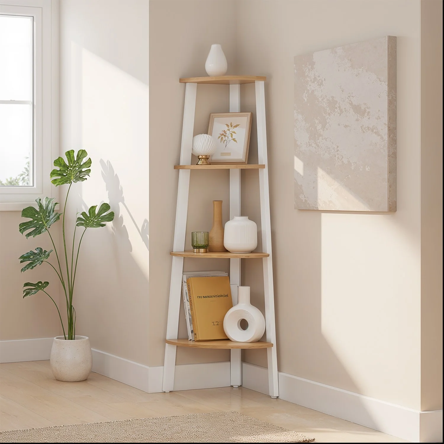Corner Shelf, 4-Tier Corner Bookshelf, Storage Shelving Unit with Steel Frame - Image 3