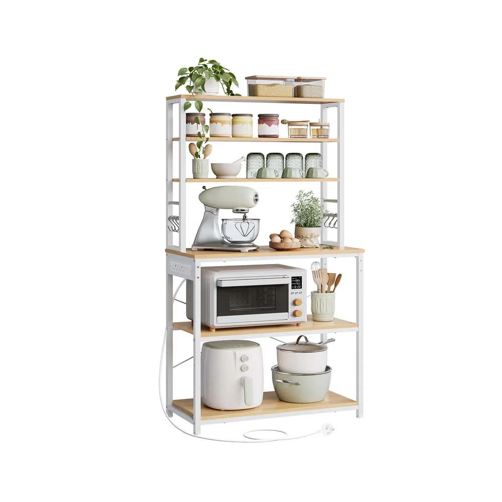 Bakers rack with power outlet and storage shelves for kitchen - Image 4