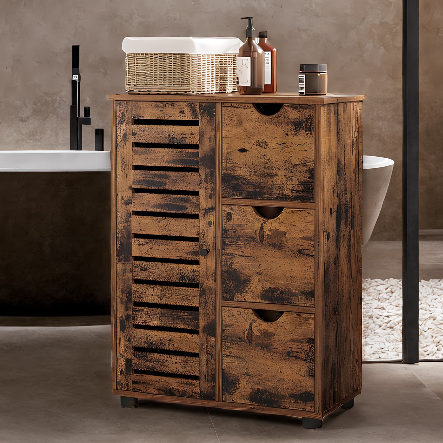Bathroom Floor Cabinet, Storage Unit with 3 Drawers, Adjustable Shelves