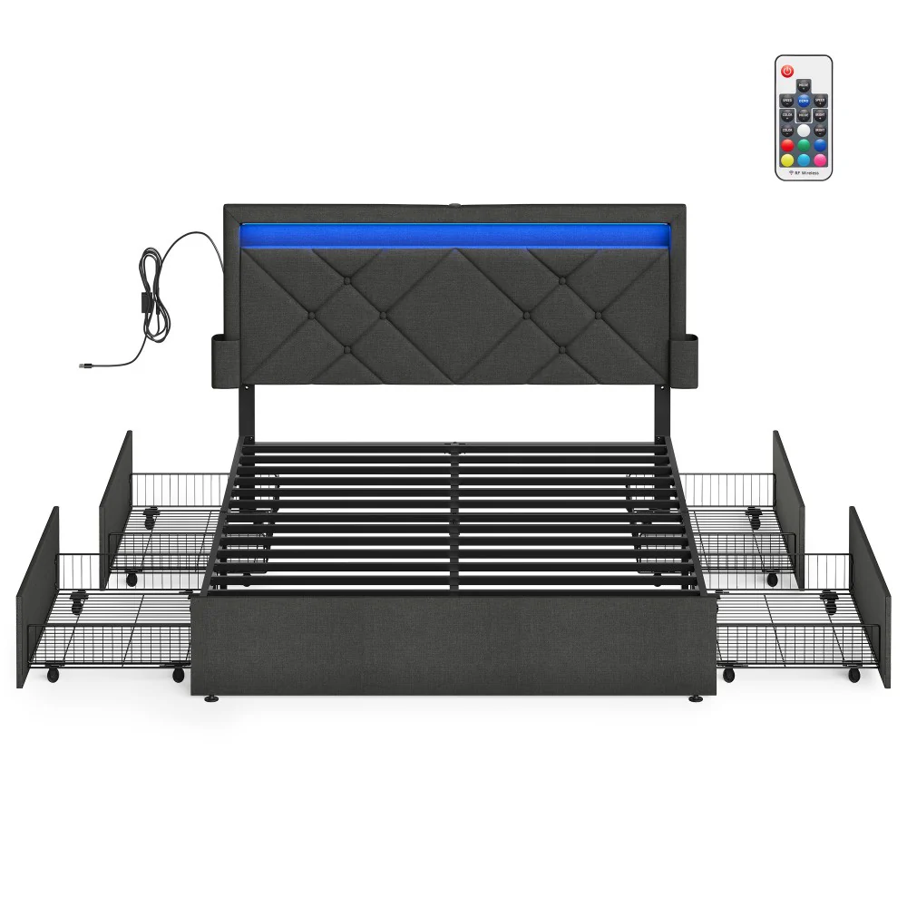 Bed Frame with LED Lights and Underbed Storage Drawers