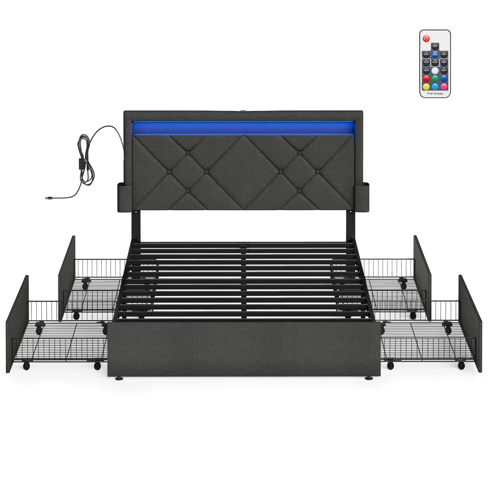 Bed Frame with LED Lights and Underbed Storage Drawers - Image 2