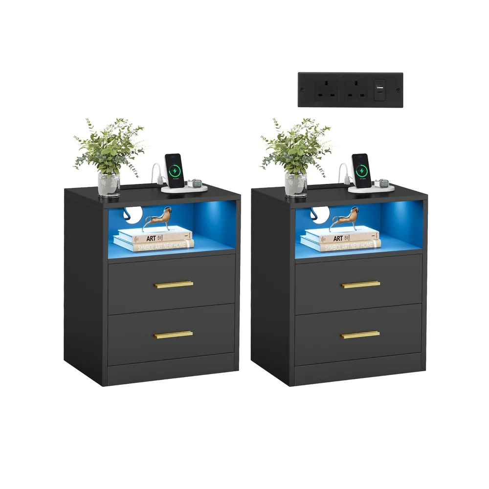 Bedside tables with charging station and LED lighting