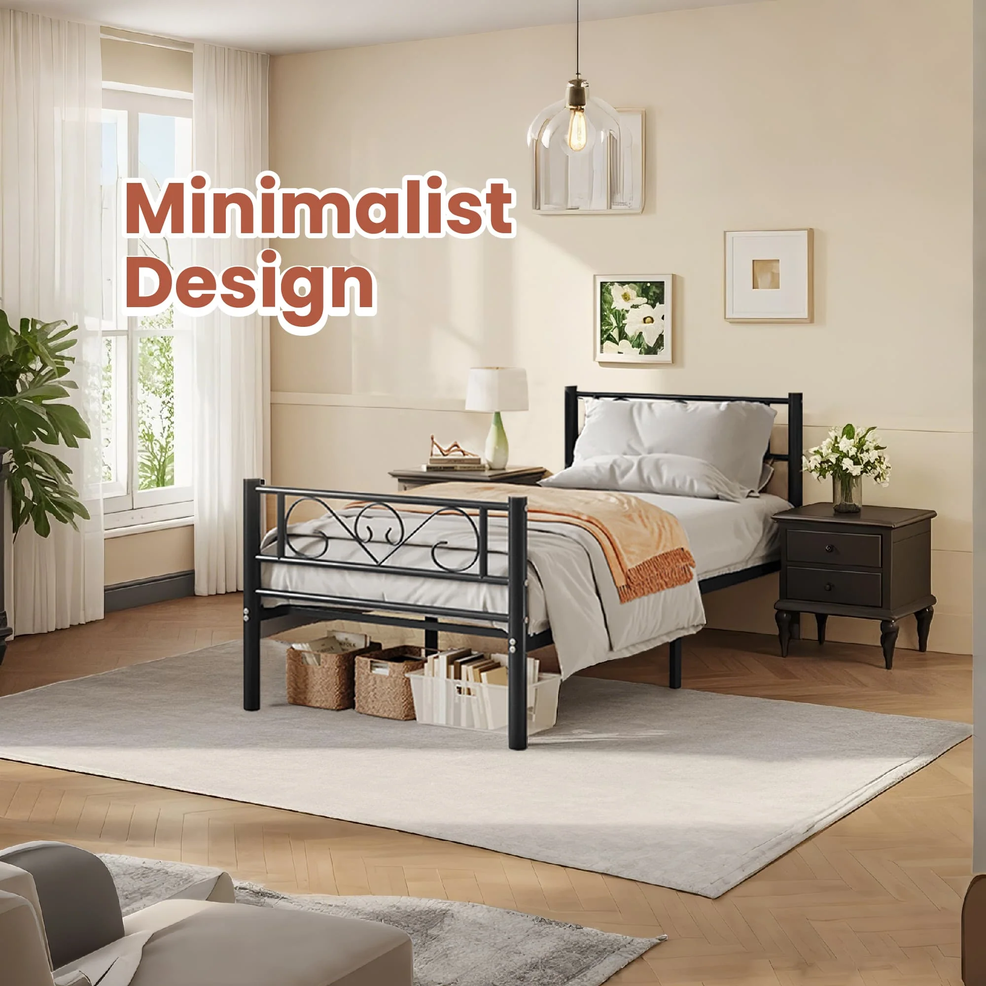 Single Bed Frame, Metal Bed Frame, Fits 190 x 90 cm Mattress