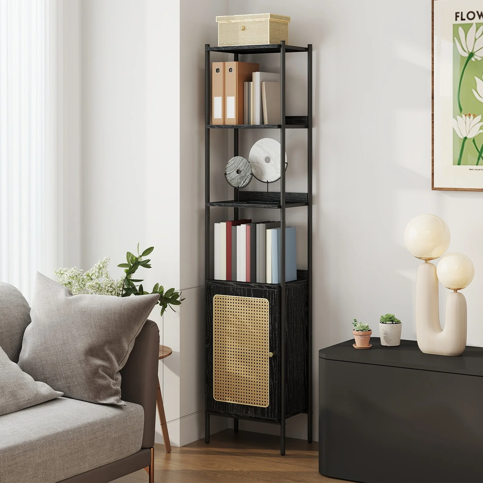 Bookcase with Rattan-Like Door Ebony