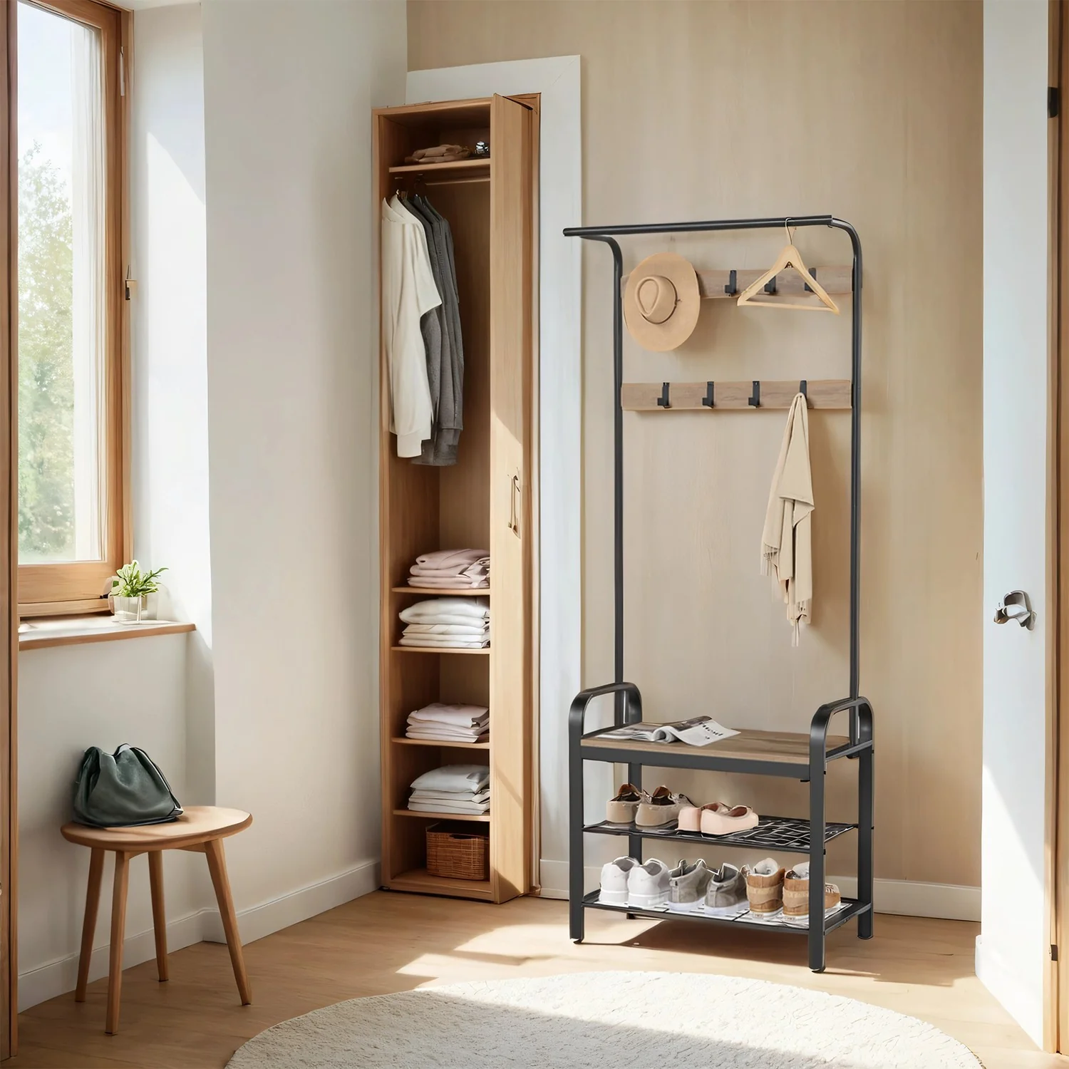 Coat Rack, Coat Stand with Shoe Storage Bench, 4-in-1 Design