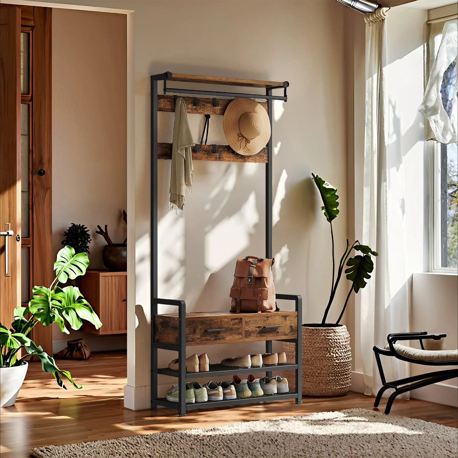 Coat Rack with Shoe Bench and  2 Fabric Drawers