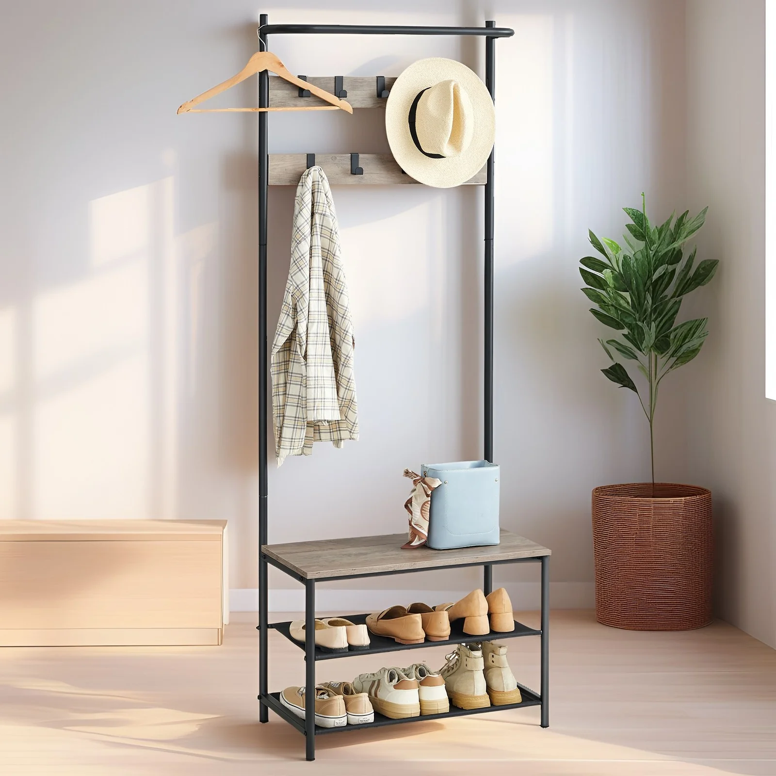 Hall Tree with Bench and Shoe Storage, Entryway Bench with Coat Rack Stand and Shoe Rack, 9 Movable Hooks - Image 3