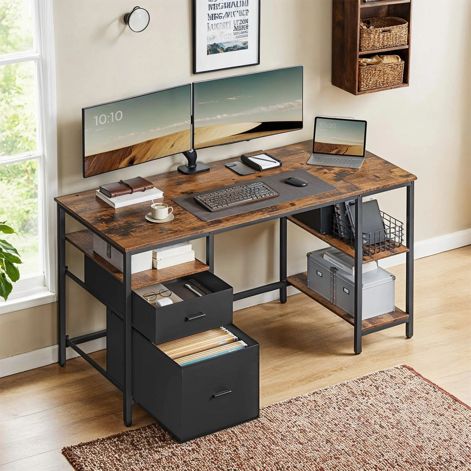Computer Desk with 3 Shelves and 2 Drawers