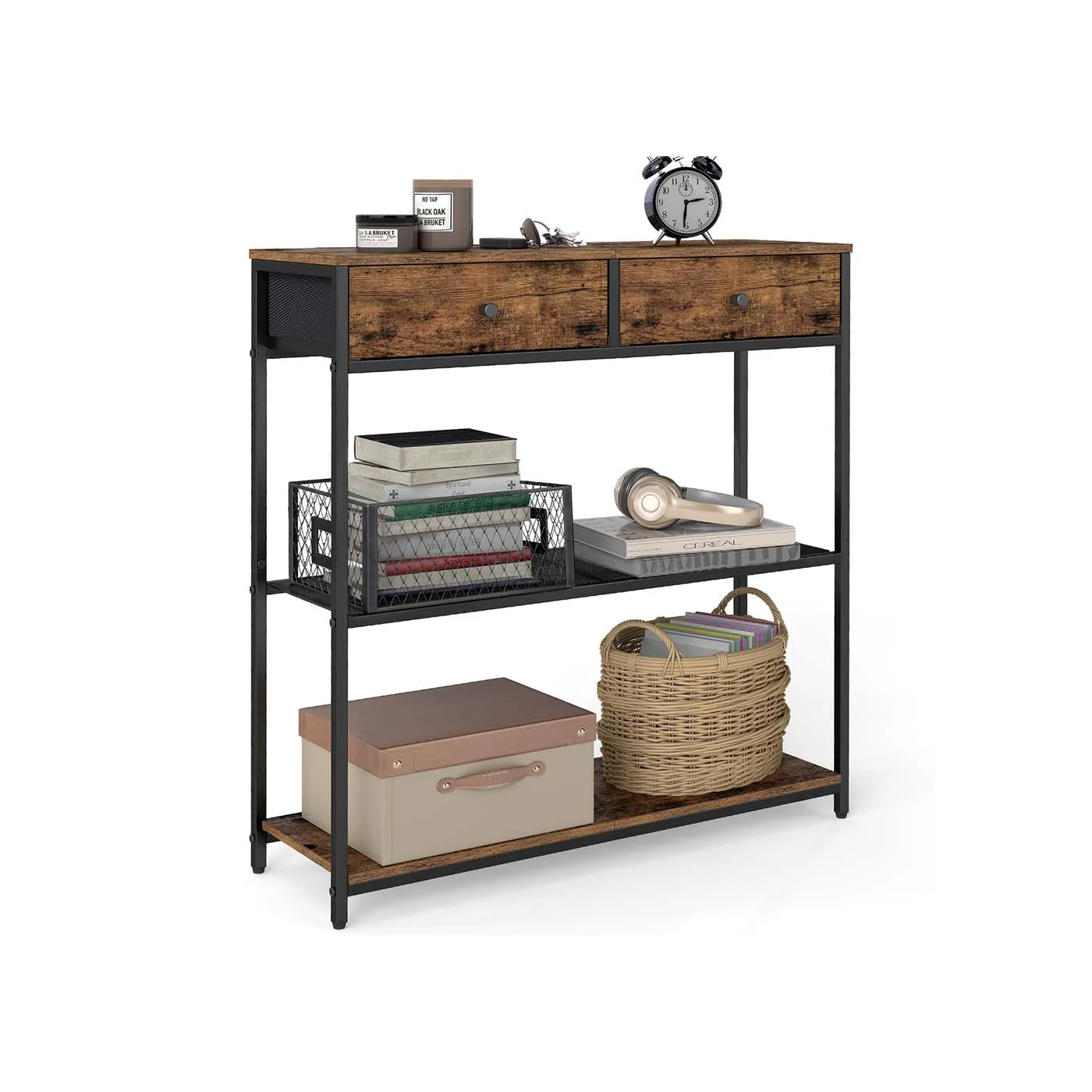 Console table with fabric drawers and shelves