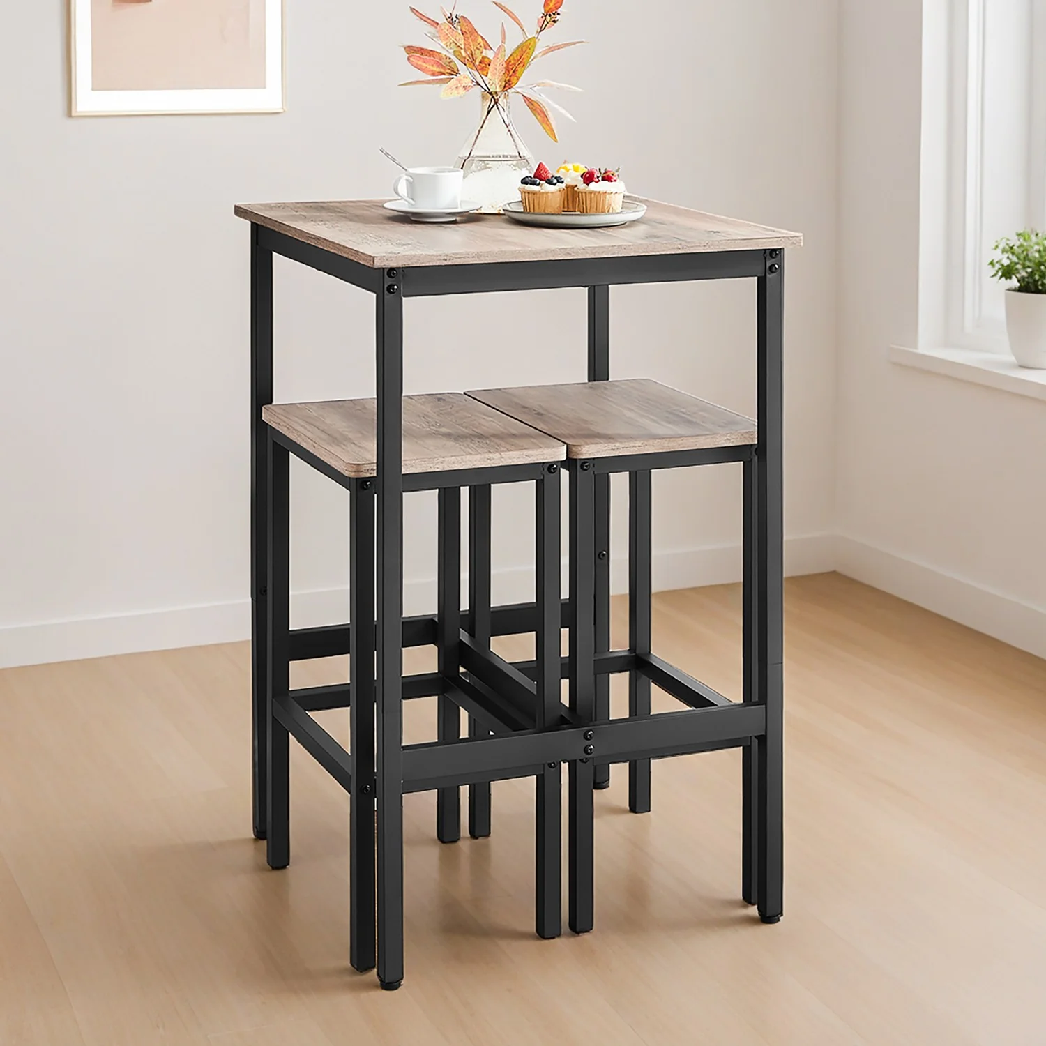 Bar Table and Stools Set of 3, High Kitchen Table with 2 Bar Chairs - Image 2