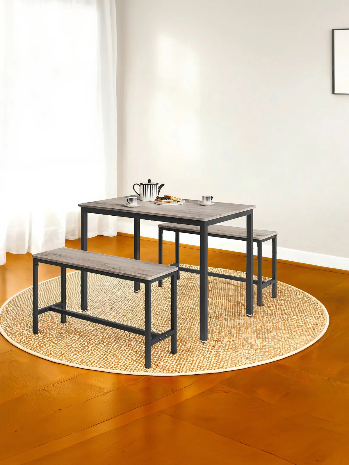 Dining Table with 2 Benches, Set of 3, Kitchen Table - Image 3