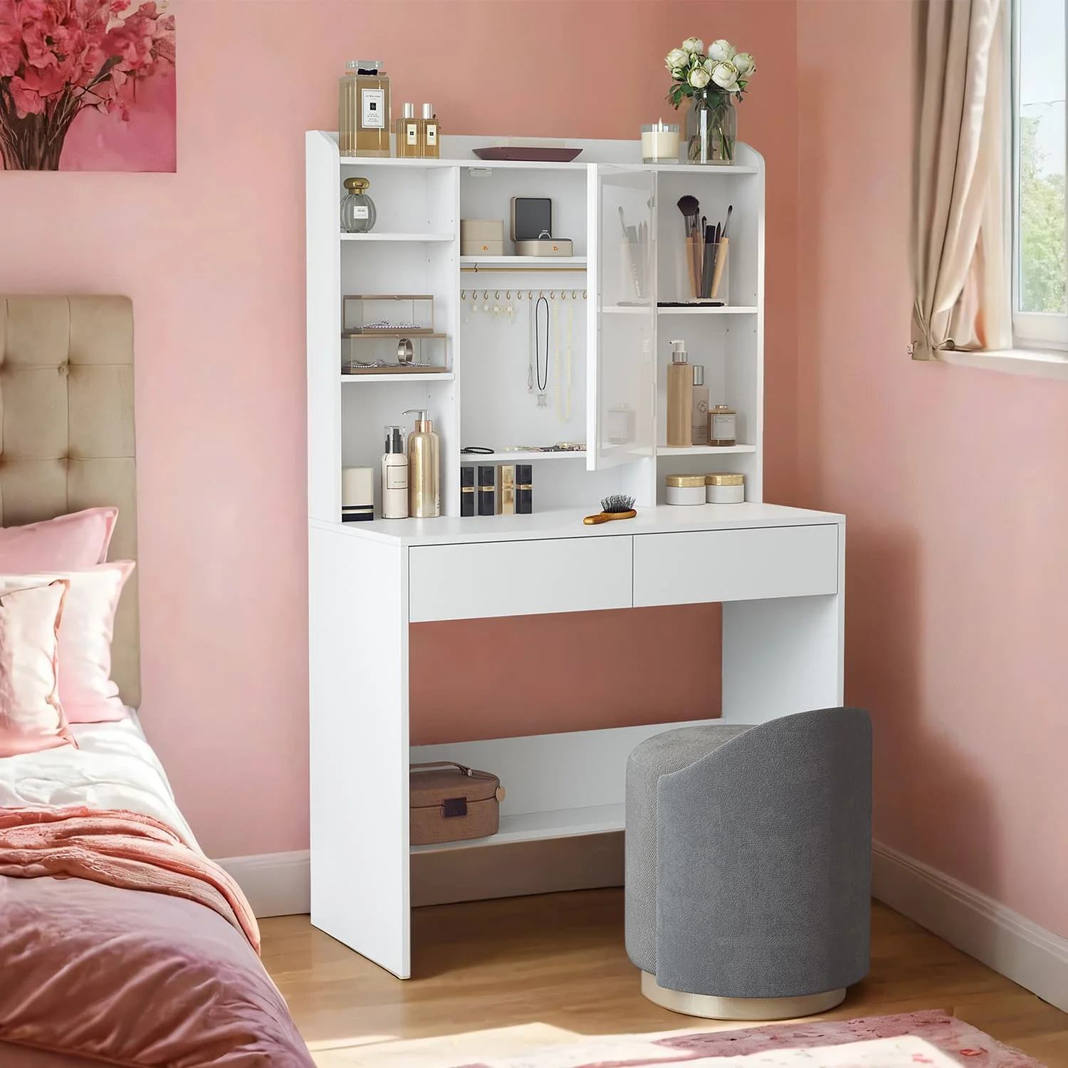 Dressing Table with LED Lights and Adjustable Shelves