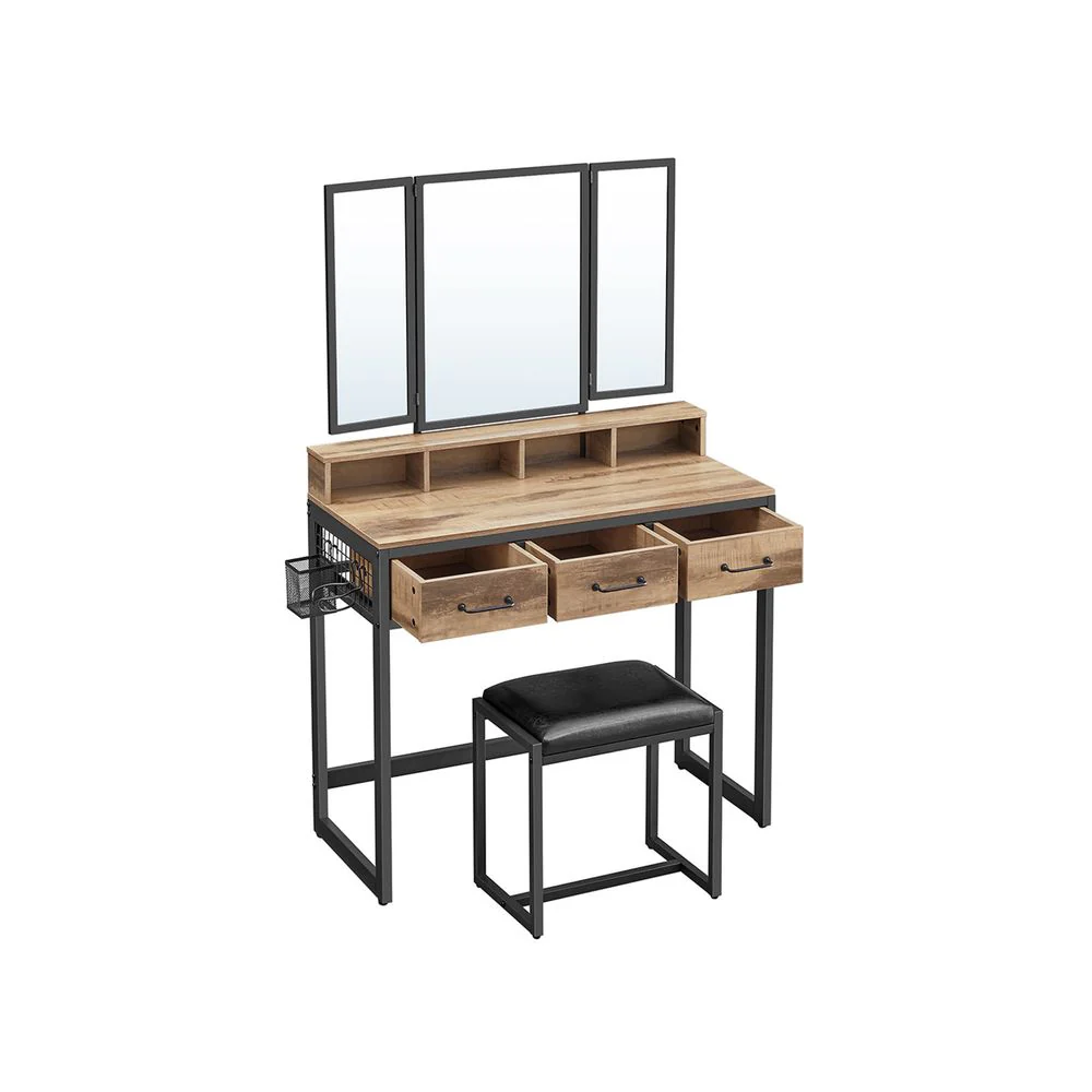 Dressing Table with Tri-Fold Mirror and Stool - Image 3