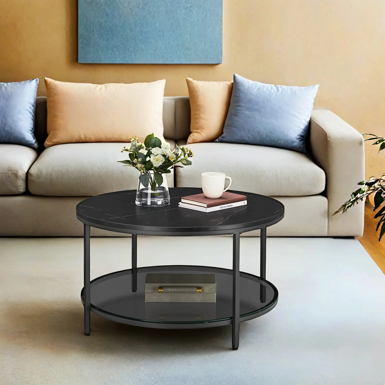 Faux Marble Round Coffee Table with Storage Shelf - Image 2
