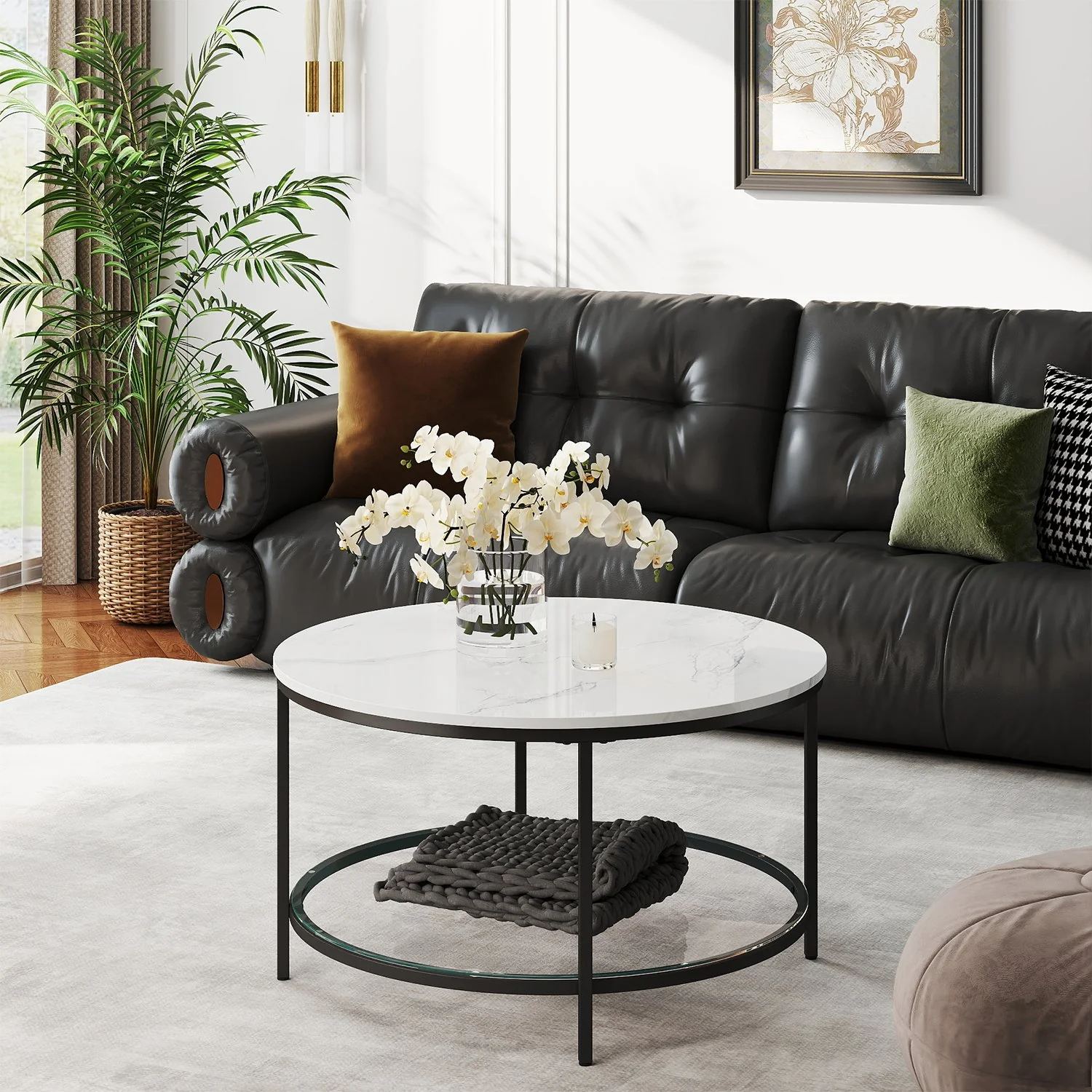 Faux Marble Round Coffee Table with Storage Shelf - Image 3