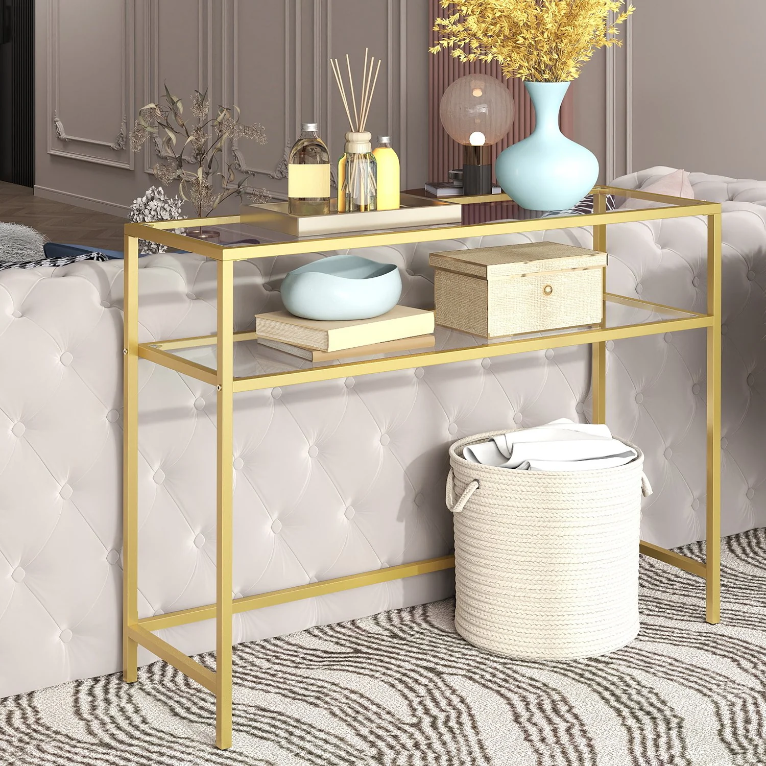 Console Table, Side Table, Tempered Glass Tabletop