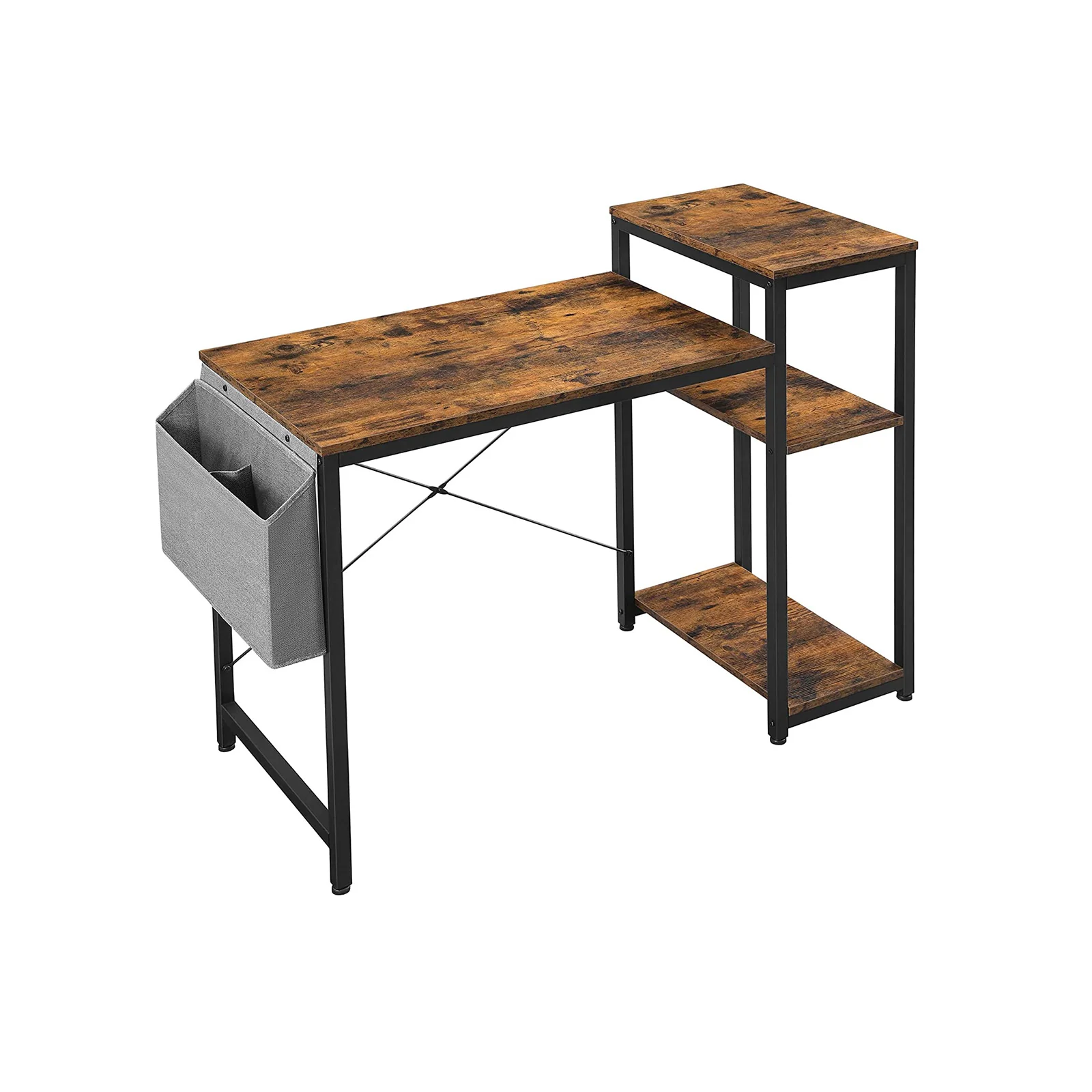 Industrial Brown Computer Desk with Shelves & Storage Bag