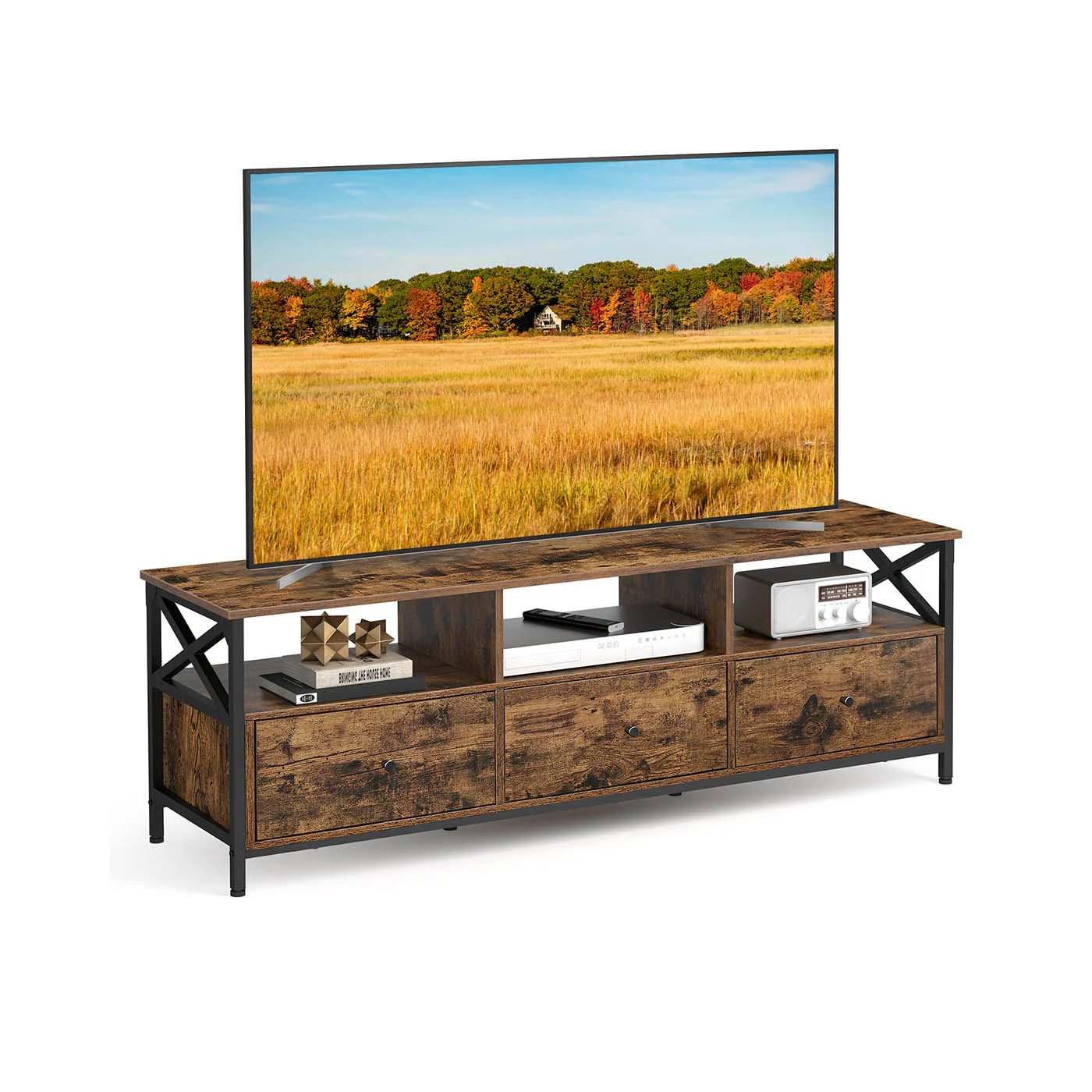 Industrial Brown TV Stand with 3 Drawers