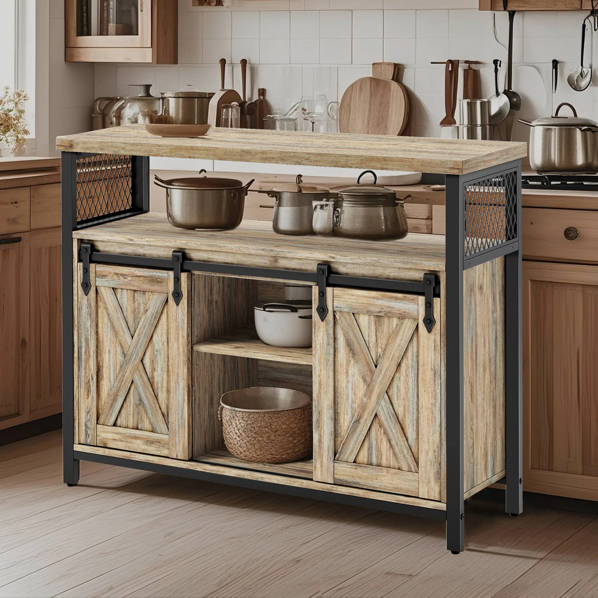 Buffet Cabinet, Sideboard with 2 Sliding Barn Doors, Adjustable Shelves - Image 2
