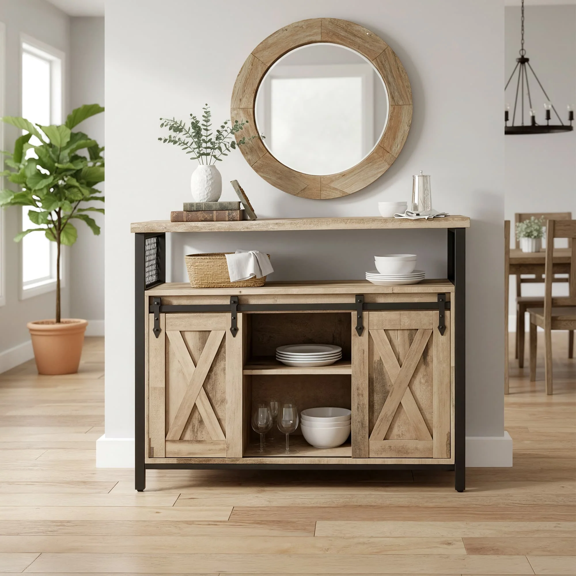 Buffet Cabinet, Sideboard with 2 Sliding Barn Doors, Adjustable Shelves - Image 3