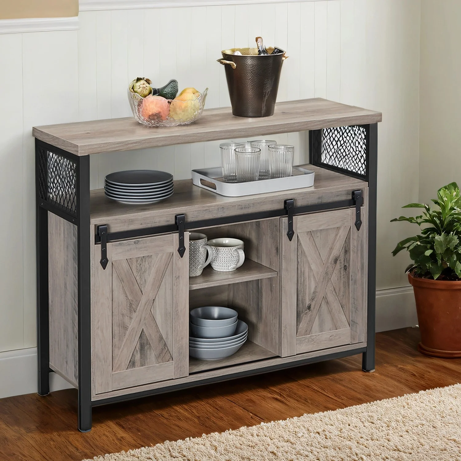Buffet Cabinet, Sideboard with 2 Sliding Barn Doors, Adjustable Shelves - Image 4