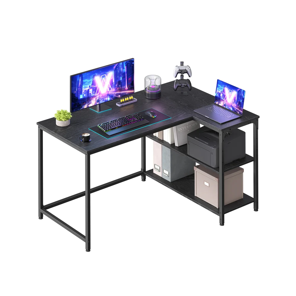 L shaped corner desk with storage and adjustable shelves