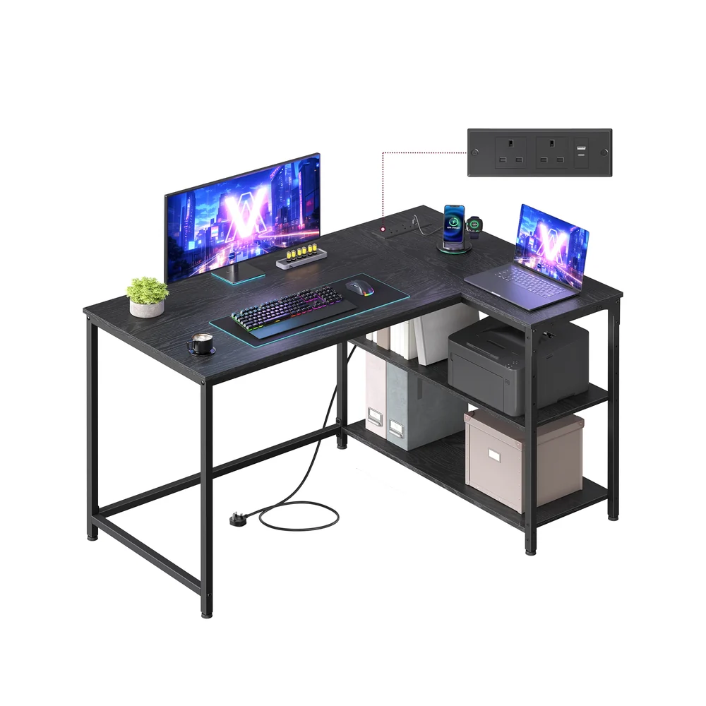 L shaped corner desk with storage and power outlets