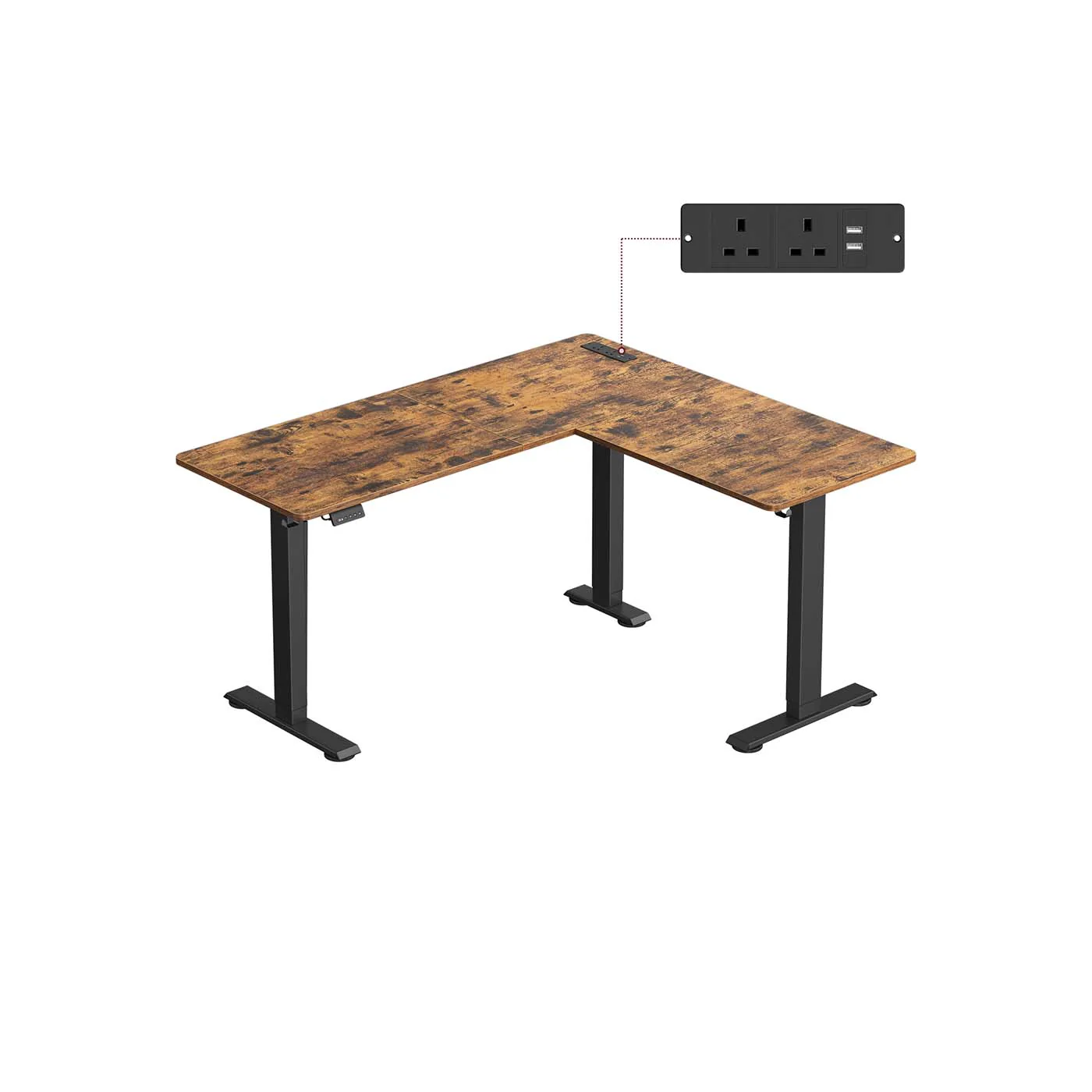 L shaped electric desk with adjustable height and charging station