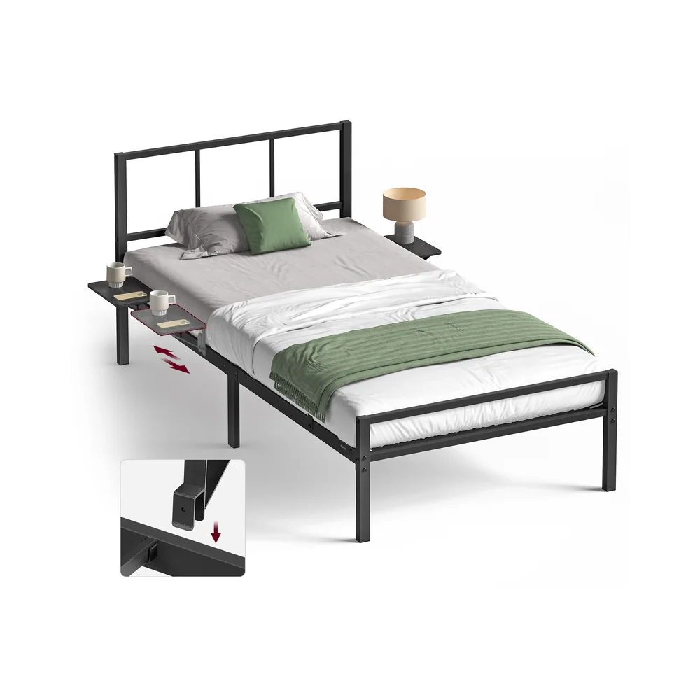 Metal bed frame with headboard and bedside shelves