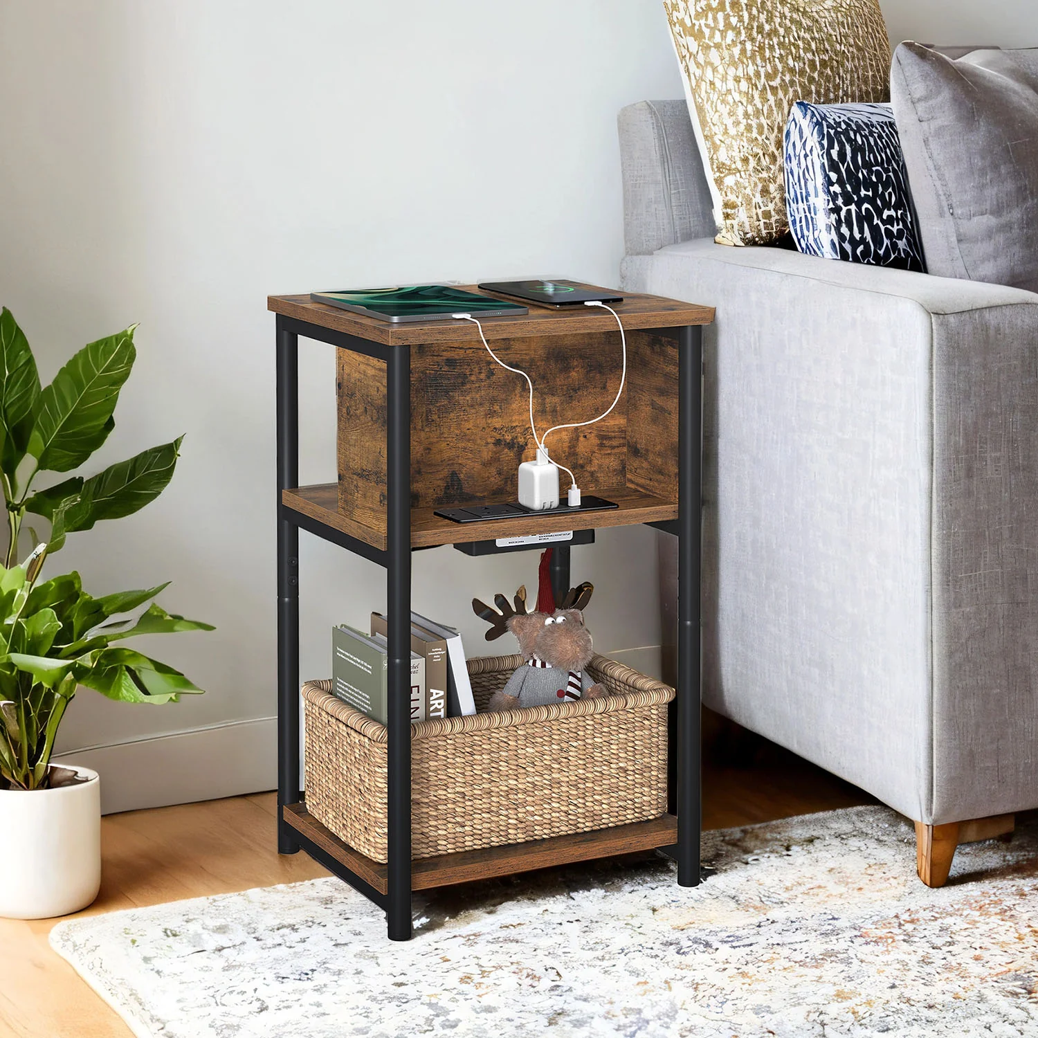 Narrow Bedside Table with Charging Station