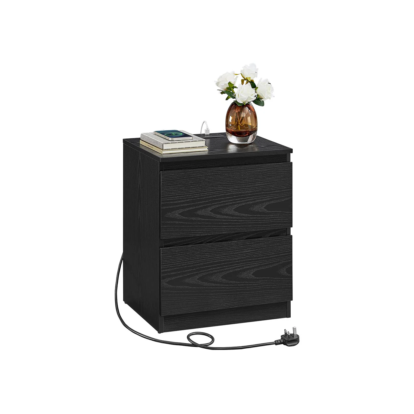Nightstand with charging station and storage drawers