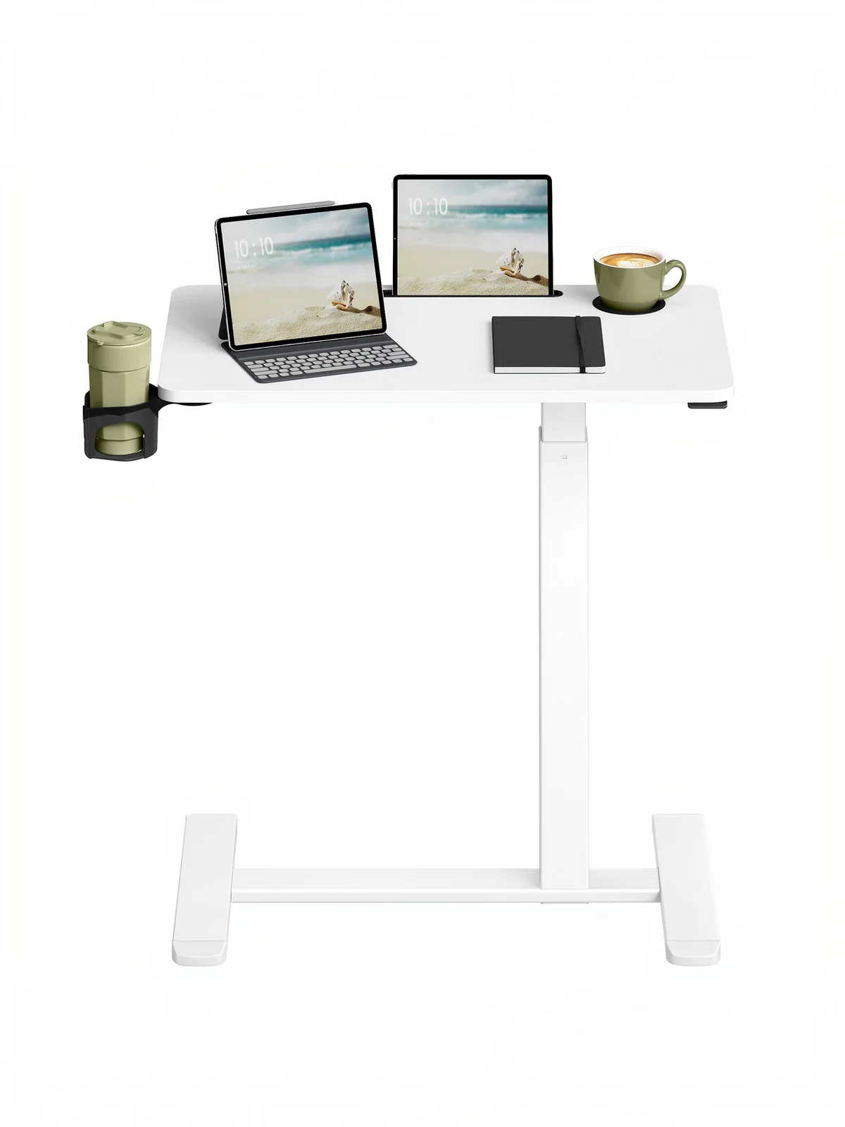 Overbed table with adjustable height wheels and slots for devices