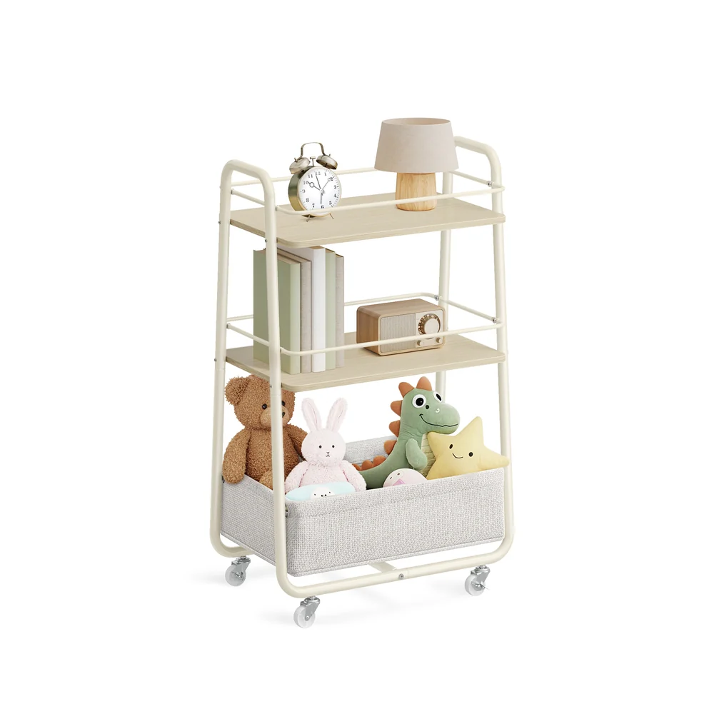 Rolling storage trolley with fabric basket and shelves